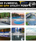 Diagram showcasing uses for Tiny But Mighty Portable Water Transfer Pump 1/10 HP 330 GPH in garden, pool, pond, fish tank, basement, irrigation