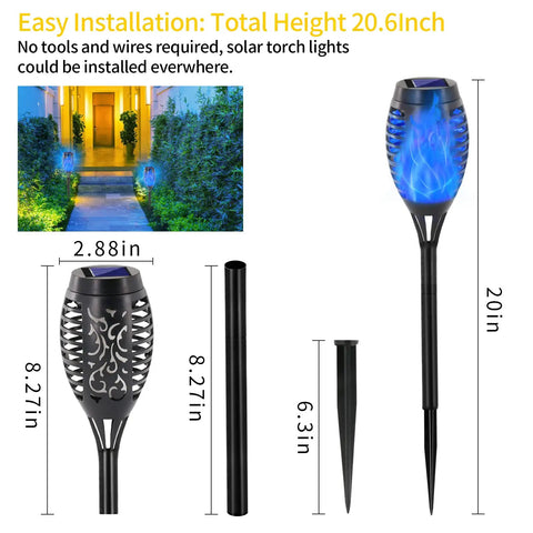 Blue Solar Torch Lights With Flickering Flames, 12 Pack Outdoor LED Tiki Torches For Yard And Garden with installation dimensions shown