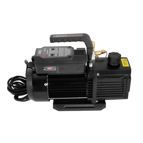 Heavy Duty Half Horsepower Hvac Vacuum Pump Cranking Out 5.3 CFM Pulls With Spark Proof Guarding, side view showing connections.