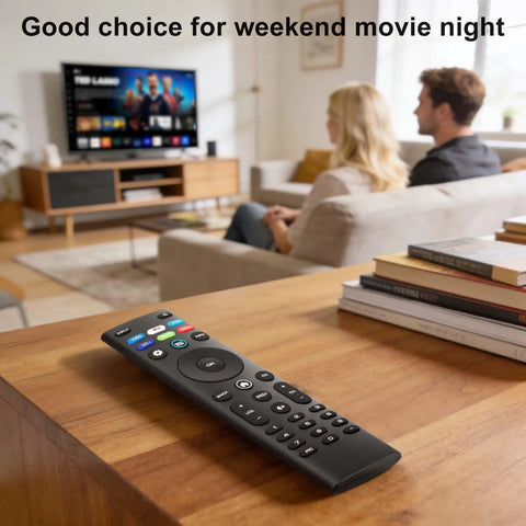 Top Shelf Universal Tv Remote Replacement Boasting Snappy Button Response on wooden table with TV in background for easy pairing.