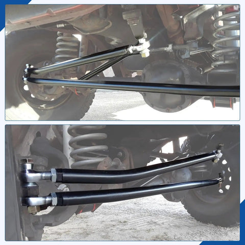 One Pair 1 1/4 Inch Heims Rod Ends With Right And Left Hand Thread Heat Treated Chromoly Alloy Showing mounted joints on vehicle.