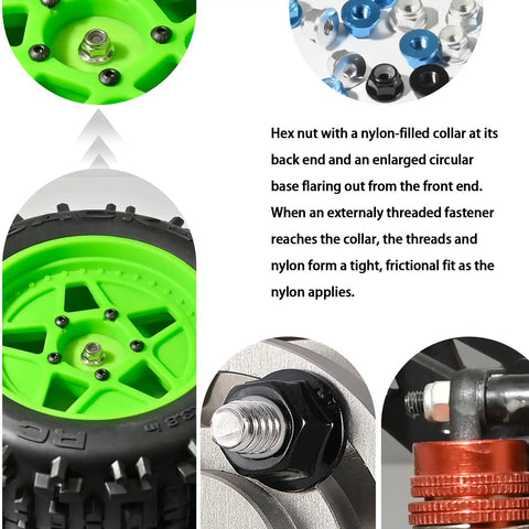 Heavy Duty M3 Flange Lock Nuts With Nylon Insert For Killer Grip That Gonna Hold Tight On 1 12 RC Crawlers DIY Furniture Or Shop Builds In Clean Aluminum 12 Piece Set close-up of nylon insert with green wheel