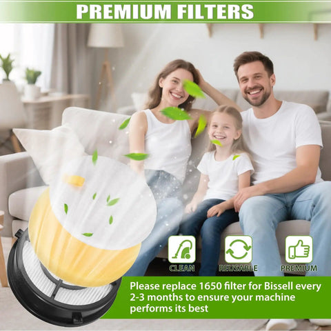 Family sitting on couch with Pet Hair Eraser Vacuum Filter Replacement For Pro Plus 1650 Series and 2790 2281 2475 2817