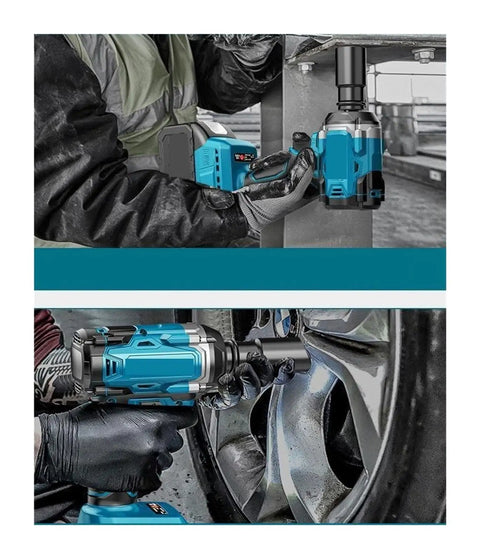 Heavy Hitter Cordless Brushless Impact Wrench in use for tire swap and auto repairs, showcasing torque and control.
