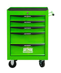 Heavy Duty Rolling Tool Cart Featuring Locking Casters and Smooth Ball Bearing Drawer Slides for Garage Organization or Mechanic Workshop Storage Slick Green Steel Build Hella Tough for Daily Jobs, 5-drawer green cart with black handles.