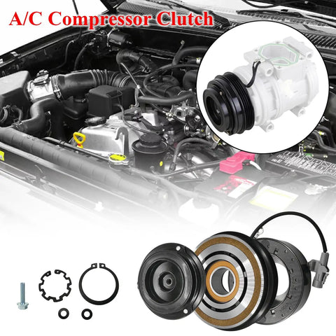 Heavy Duty AC Compressor Assembly With Front Clutch For Toyota Tacoma 3.4L 1995 Through 2004 V6 displayed with components and engine view.