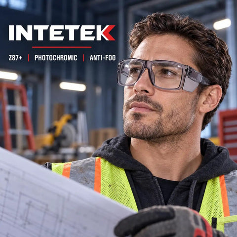 Real Deal Job Site Safety Glasses With Smash Proof Polycarbonate Lenses Anti Fog UV400 Blue Light Blockers Z87 Certified Badass Eye Protection For Crews worn by a man studying blueprints.