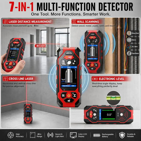 Rugged Seven In One Wall Scanner Stud Finder With Integrated Laser Distance Meter and Smart Electronic Detector showing laser measurement and scanning features.