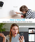 Child near outlet and mother using phone with 4 Pack 5G And 2 4G Wireless Security Cameras Outdoor Indoor Battery Powered 2K AI Motion Detection Siren Alarm WiFi Home Surveillance Color Night Vision Two Way Talk IP65 Waterproof Alexa Compatible Cloud Or SD Storage features.