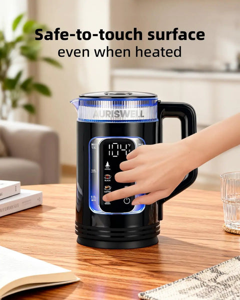 Electric Tea Kettle With Temperature Control And Glass Body, showing close-up with hand using one-touch function on countertop.