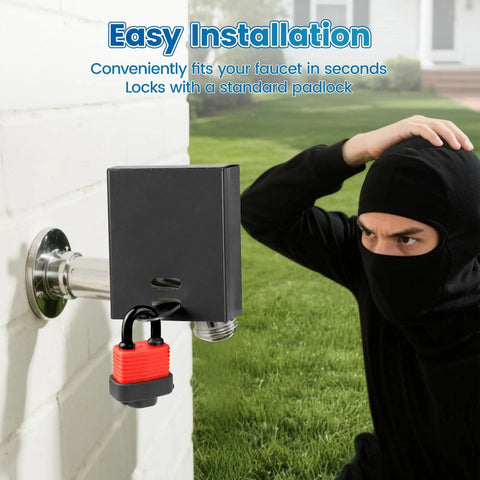Image of a Water Spigot Lock with Adjustable Design Tough Universal Fit for All Standard Hose Bibs No Tools Required Easy Install.