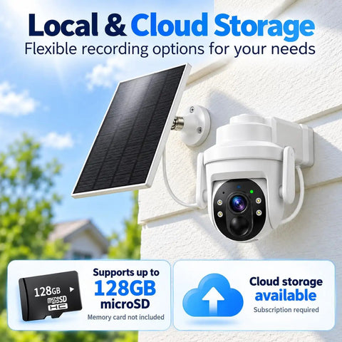 Wireless 2K HD Outdoor Security Camera With Massive 6000mAh Battery And Smart AI Motion Alerts And Rockin Night Vision And Crystal Clear Two Way Audio And Rugged IP65 Weather Armor For Home Defense White mounted with solar panel.
