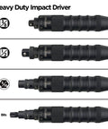 Heavy Duty Manual Impact Driver Set With Three Eighths Inch And One Half Inch Drive, Twenty Five Piece Kit shown in various sizes.