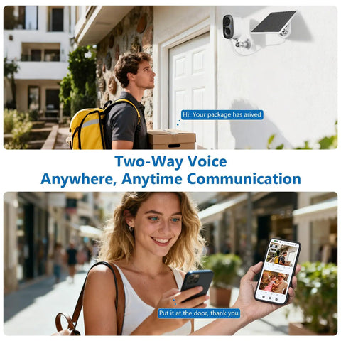 Man and woman using the Solar Powered Wireless Outdoor Security Camera Set 2 Pack 2.4GHz WiFi Motion Detection with phone apps for communication