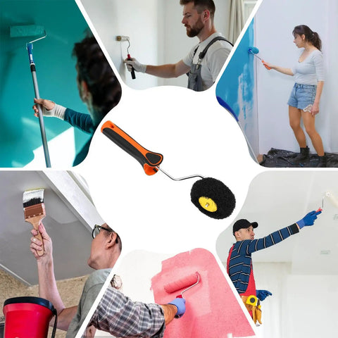 Pumpkin Profiled Corner Paint Roller For Inside Outside Walls Knock Out Drywall Detail Brush shown in various painting scenarios.