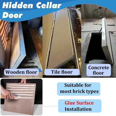 Invisible Ceiling Hatch And Crawl Space Access Door For Seamless Tile Wood Floor Panel Cover In Basement Garage Spot Manual Open No Sweat Clean Look Upgrade showing installation on wooden, tile, and concrete floors.