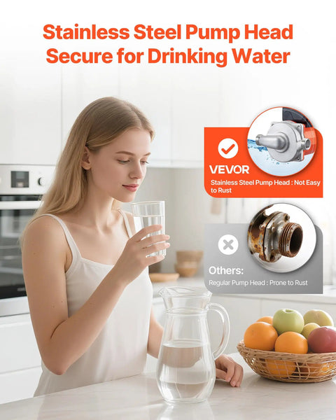 Woman drinking water, showcasing Instant Hot Water Recirculating Pump System with stainless steel pump head benefits.