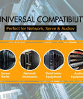 Bulletproof M6 X 20mm Rack Mount Screw Kit With Cage Nuts And Washers For Network Servers And Routers displayed with server racks and audio equipment.