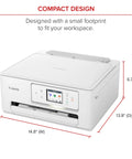Wireless All In One Color Inkjet Printer With Auto Duplex For Home Photos, showing front view with touchscreen and compact design dimensions.