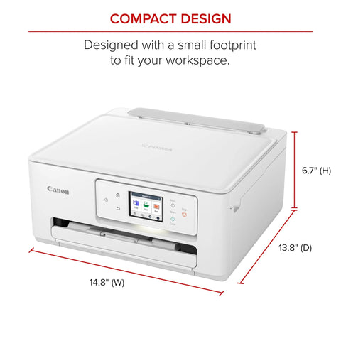 Wireless All In One Color Inkjet Printer With Auto Duplex For Home Photos, showing front view with touchscreen and compact design dimensions.