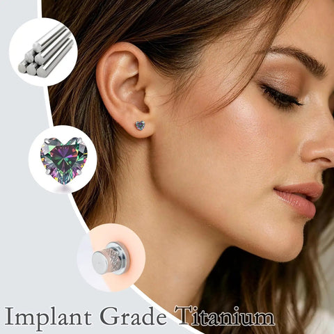 Model wearing Top Notch Implant Grade Titanium Heart Earrings With Lustrous Cubic Zirconia Secure Screw Back Closure, showing side profile.