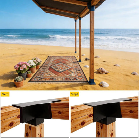 15 Degree 4 Way Pergola Bracket Kit for 4x4 Posts to Beams, installed on beach pavilion showing step-by-step assembly