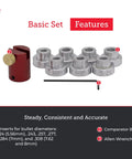 Bullet Comparator Basic Set for Lock N Load, featuring seven inserts, comparator body, and Allen wrench for precise measurement.