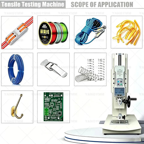 Top Tier Desktop Push Pull Gauge Digital Force Tester Kit With Ruler And Five Swappable Probes For Smooth Tensile And Compression Testing On Fishing Lines Ropes And Steel Cable displayed with various tested materials.