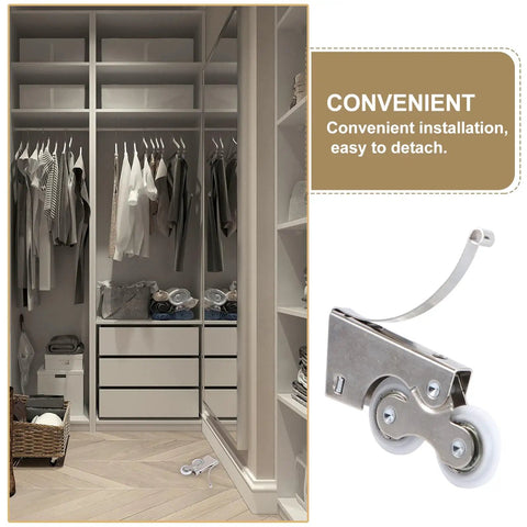 8 Piece Double Wheel Replacement Door Runners For Sliding Windows And Wardrobes Heavy Duty Pulleys in modern closet with clothes.
