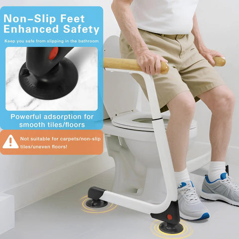 Adjustable Height Toilet Safety Rails With Wood Finishes Big Time 350 Lb Support For Seniors And Mobility Needs featuring non-slip feet for enhanced safety.