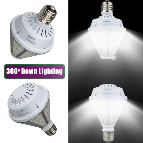 80W LED Corn Light Bulb With Removable E26 And E39 Base, Beefy 10400 Lumens, 5000K Daylight, Post Top Lamp illuminating in 360° view