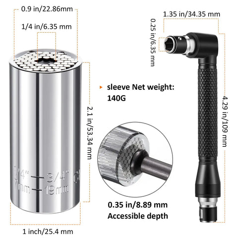 Flexible Drill Bit Extension Set With Bendable Shaft 105 Degree Angle, featuring adapter and socket dimensions and net weight details.