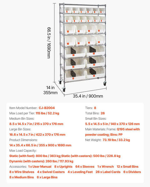 Eight Tier Rolling Storage Rack Featuring Twenty Six Modular Parts Bins Heavy Duty Steel Wire Shelving Cart, 66.5 in tall with smooth wheels.