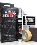 Matte Black Rim Touch Up Paint And Wheel Scratch Repair Kit with applicator, tape, cleaner, and sanding block.