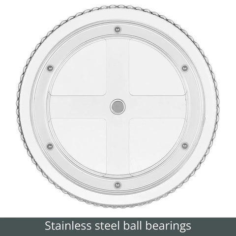 Top view of Two Pack Fluted Lazy Susan Plastic Spinner Turntable showing stainless steel ball bearings, 9 inch round, clear.