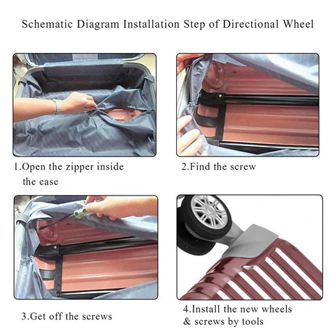 Diagram showing installation of Swivel Replacement Luggage Wheel Set Two Pack 2.2 Inch Heavy Duty Nylon Poly Plastic Castors on suitcase