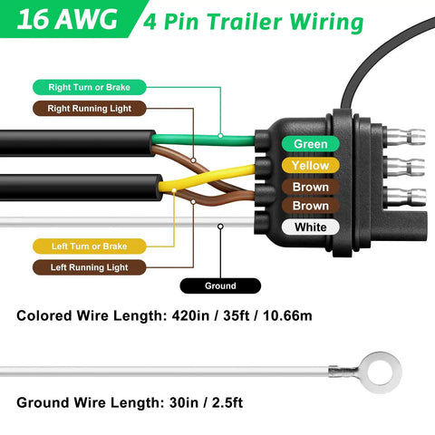 35Ft 4 Pin 5 Wire Trailer Wiring Harness With Jacketed 16AWG Cable Waterproof 4 Way Flat Plug diagram and wire lengths