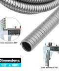 Close-up of half inch flexible electrical conduit fifty foot galvanized iron for home and industrial wiring, showing inner and outer diameters.