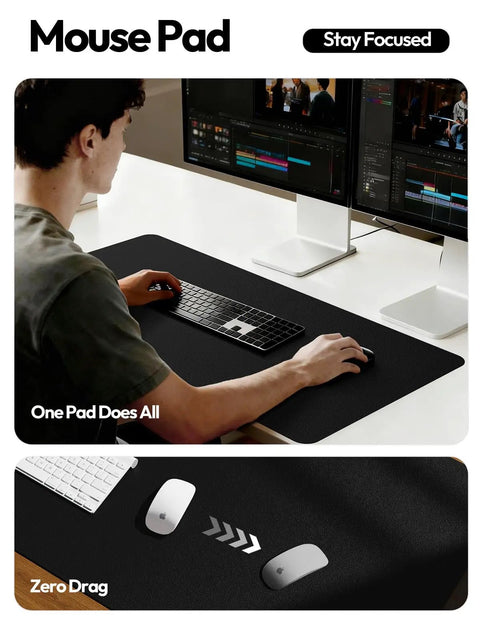 Boss Level PU Leather Desk Protector With Non Slip Grip And Waterproof Surface Sweet Wrist Rest For Smooth Mouse Slide And Kickass Desk Coverage At Home Or Office, shown with keyboard and mouse.