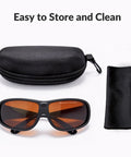 Rock Solid Laser Safety Goggles With Straight Up Hella Thick Lenses And Serious OD5 Plus Eye Defense with a protective case and cleaning cloth.