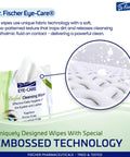 Front view of Dr. Fischer Eye-Care eyelid cleansing wipes packaging; close-up shows embossed fabric texture.