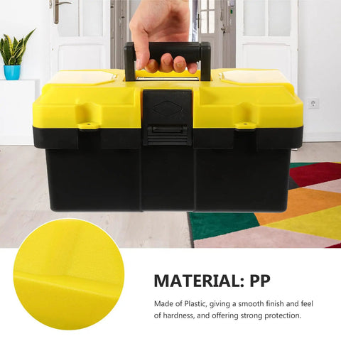 Badass Stackable Plastic Toolbox With Slick Removable Tray And Padlock Buckles To Lock It Down held by a person, showing yellow and black design.