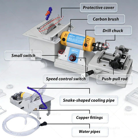 Kick Ass Heavy Duty Flex Shaft Polishing Machine For Jewelry Drilling Jade Carving Wood Crafts Metal Grinding And Fine Detail Work With Premium Aluminum Extension Tube features labeled components and controls.