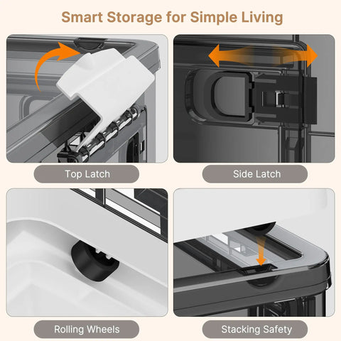 Hella Spacious Clear Stackable Storage Bins Three Pack With Lids And Rolling Wheels showing latches and rolling wheels for easy use.