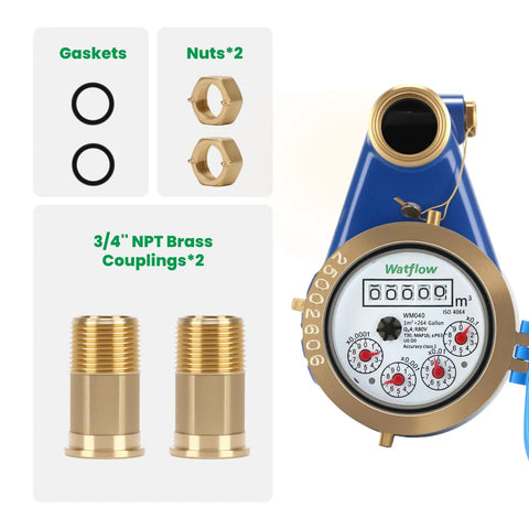 Vertical Water Meter DN20 With 3/4 Inch NPT Couplings, Heavy Brass Cold Water Meter With Pulse Output, ISO4064 Certified parts