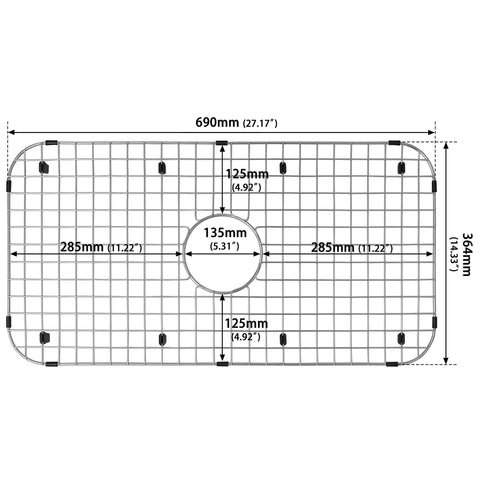 Kitchen Sink Grid 27 And 13 Sixteenths Inch By 14 And 5 Sixteenths Inch Heavy Duty Stainless Steel Sink Protector With Center Drain diagram