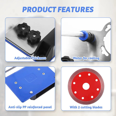Pro Grade 45 Degree Tile Chamfering Tool with adjustable thickness, water for cooling, anti-slip panel, and cutting blades