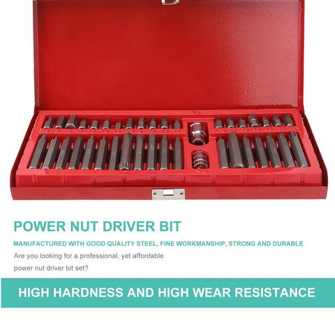 Rock Solid Hex And Spline Socket Wrench Set With Metric Ratchet Adapters And Heavy Duty Storage Case with driver bits in red case.