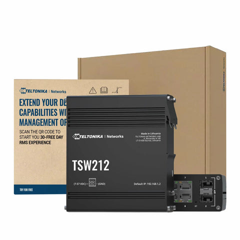 Industrial Managed Ethernet Switch With 8 Gigabit Ports And 2 SFP Ports, Layer 2 Plus Layer 3 Capabilities, shown with packaging