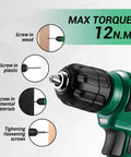 Close-up of Sweet Green 8V Cordless Drill Tool Kit with torque details for wood, plastic, and metal usage.